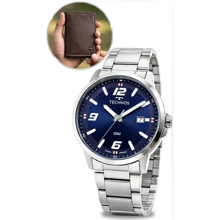 Relógio De Pulso Technos Com Corria De Aço Inoxidável Cor Prateado - Fondo Azul-escuro