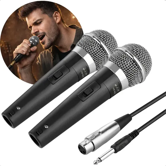 Kit 2 Microfone Dinâmico Com Fio 5 Metros Profissional Para Igreja Karaoke Palestras Eventos Som Potente Preto