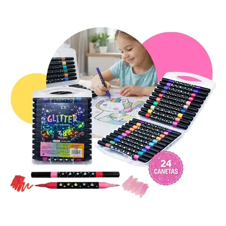 Canetinhas Glitter Estojo 24 Canetas Ponta Dupla 48 Cores Preto Glitter Gurumania