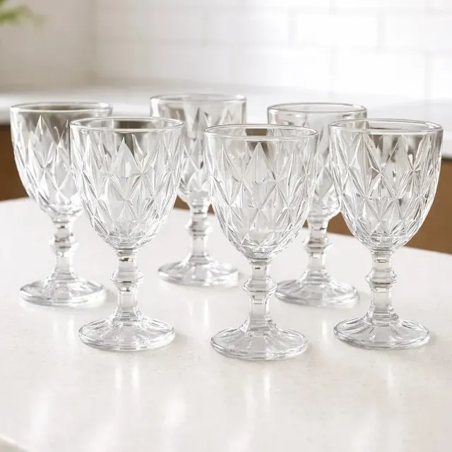 Jogo 6 Taças Diamond Transparente 340ml Vidro Diamante Mesa Transparente