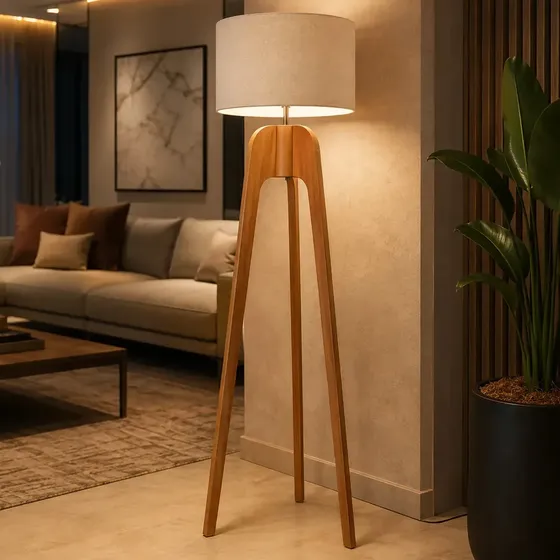 Luminária De Chão Paris 160 cm Pés De Madeira Luxo Decorativa Cúpula Palha Creme Unidecor