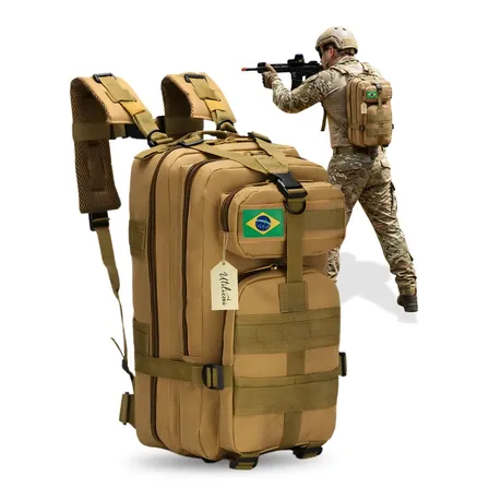 Mochila Tática Bolsa Militar Resistente 30 Litros Impermeável Super Reforçada Bandeira Brasil Brinde Utilizzei Cáqui Lisa