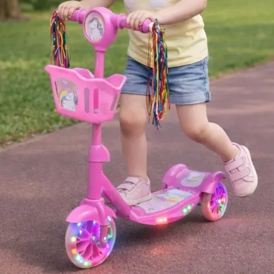 Patinete Infantil 3 Rodas Com Cestinha Som E Luz De Led Rosa-chiclete Unicórnio