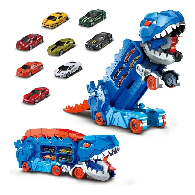 Caminhão Dinossauro Pista Com 4 Carrinhos Maleta Transporte Cor Azul Brinquedo Infantil Educativo Menino Super Brasileirinho