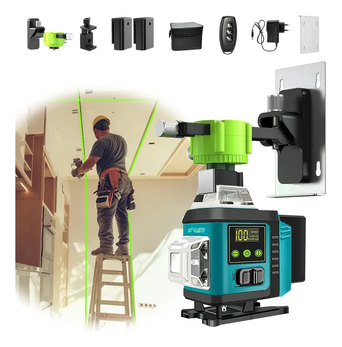 Nível Laser Verde 16 Linhas Autonivelante 2 Bateria Tela Lcd