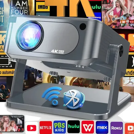 Projetor 4K Portátil 14000 Lúmens Android 11, Wi-Fi Dupla Banda e Espelhamento Sem Fio, Rotação 360° para Filmes, Jogos e Acampamentos