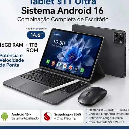 Tablet Yinber Android 16 16gb Ram 1Tb 48mp Bateria 11600mah 14.6' Polegadas S565 Chip 2,4/4g/5g Dual Sim Com Caneta+teclado E Mouse Profissional Estudo Trabalho Jogos 2 Em 1 Tablets