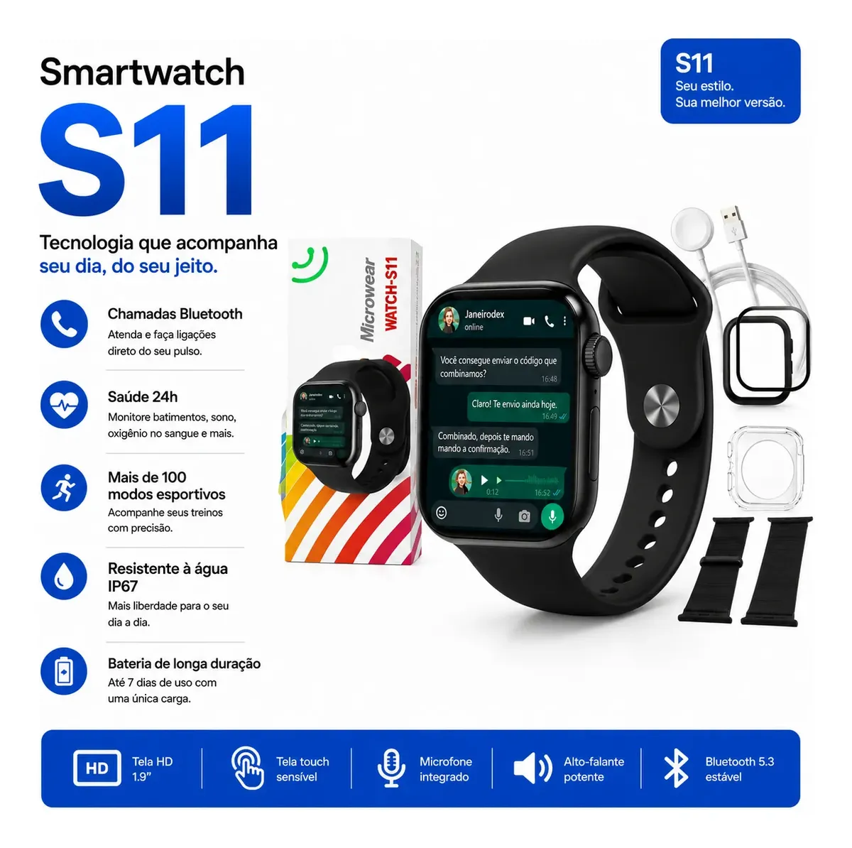 Relógio Smartwatch S11 Series 11 Gps Whatsapp Ligações 47mm Preto Mesh
