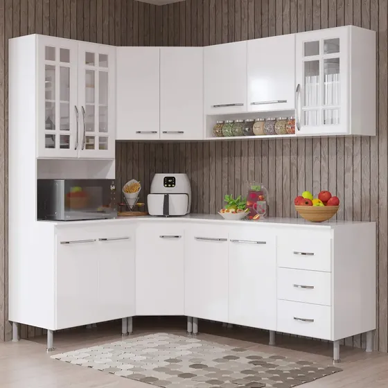 Armário de Cozinha Modulada Completa De Canto Fidelitá Viena 5 Peças 340cm 12 Portas 3 Gavetas Com Tampo Branco