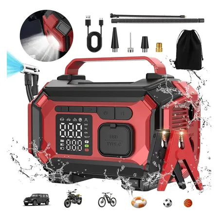Auxiliar De Partida E Compressor De Ar 150 Psi- Kit Emergência 6 Em 1 Carregador Portátil Carro Moto Caminhão 12v Lanterna Sos