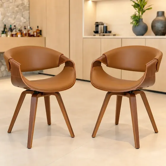 Kit 2 Cadeiras De Jantar Nicole Moderna Design Confortável Couro Marrom Caramelo