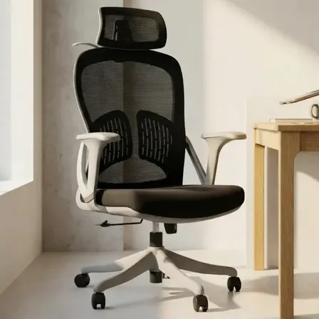 Cadeira de Escritório Ergonômica Astrella Kaus Preta Com Encosto Mesh e Apoio de Cabeça
