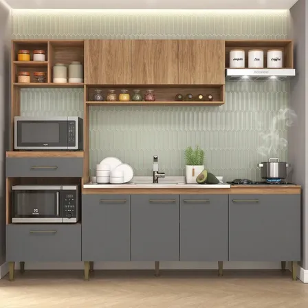 Armário de Cozinha Completa Modulada com Armário e Balcão 5 Peças 240cm CC120 Cor Mel/Grafite - Fellicci Móveis