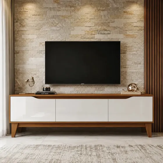 Rack Bancada Sala Tv 160cm 03 Portas Veneto Design Moderno Cor Cinamomo/off White