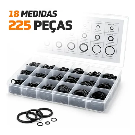 Kit O-Ring 225 Peças NBR para Vedação de Líquidos e Gases com Caixa Organizadora DRQEN