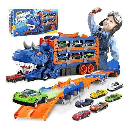 Brinquedo Caminhão Dinossauro De Engolir 6 Carrinhos Transformável Pista Grande Maleta Infantil 7 Em 1 Azul Presente Compatível Com Hot Wheels Super Brasileirinho