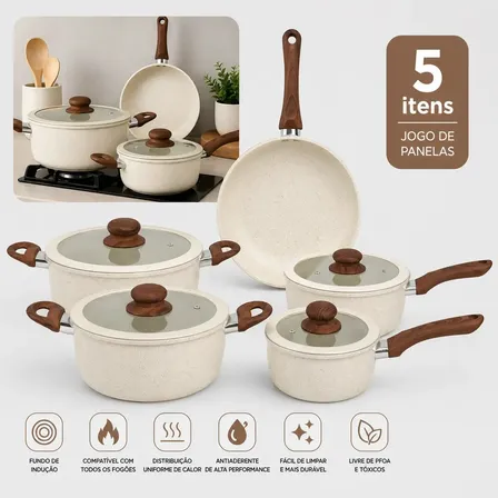 Conjunto Jogo De Panelas 5 Peças Indução Ceramica Panela Caçarola Frigideira Antiaderente Com Tampa Vidro Firenzi Shokki Cor Bege
