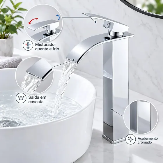 Torneira Monocomando Para Cuba De Apoio Inox Cromada Bica Alta Cascata Água Quente E Fria Prateado Cromado
