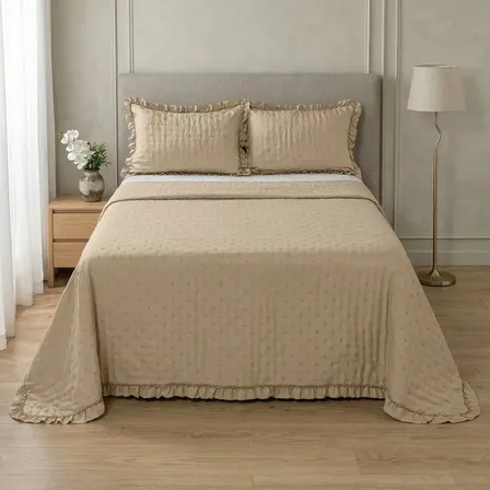 Colcha Cobre Leito 3 Peças Percal 200 Fios Com Babado Floral Queen Bege Lisa