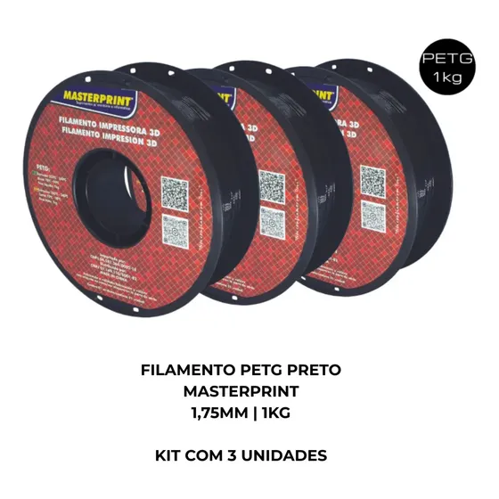 Filamento PETG Preto Masterprint 1.75mm para Impressora 3D Kit 3 Kg