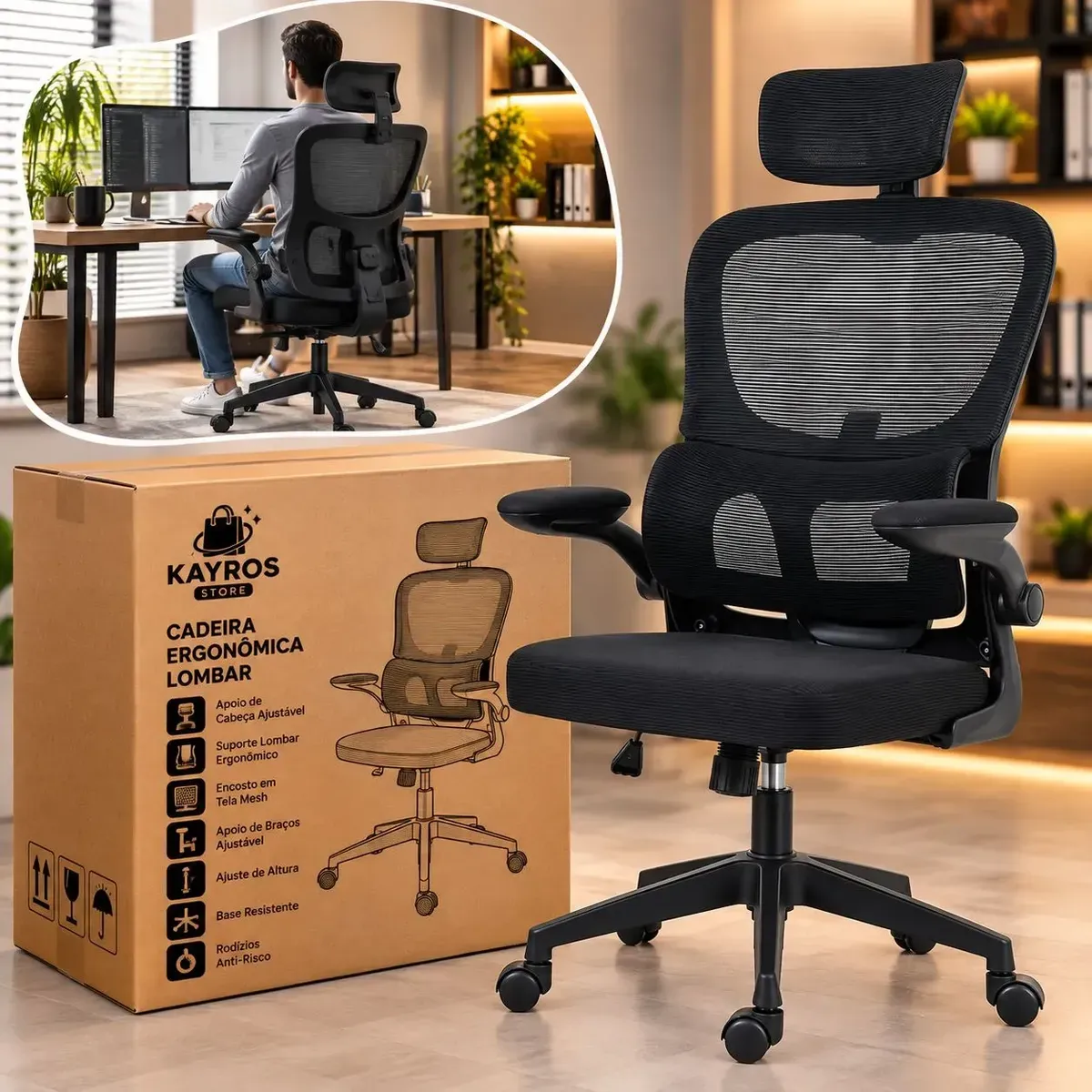 Cadeira Escritório Ergonômica Mesh Giratória Apoio Lombar Preto Algodão
