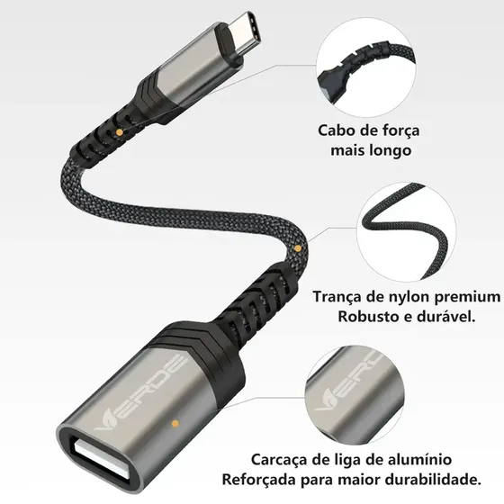 Cabo Adaptador Otg Usb Tipo C Para Usb 3.0 Conecte Pendrive, Mouse, Teclado E Mais No Celular Ou Tablet