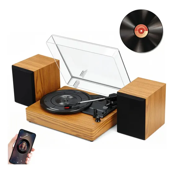 Vitrola Vinil Retrô Portátil Com Dois Alto-falantes Estéreo E Bluetooth Para Discos De Vinil Bivolt