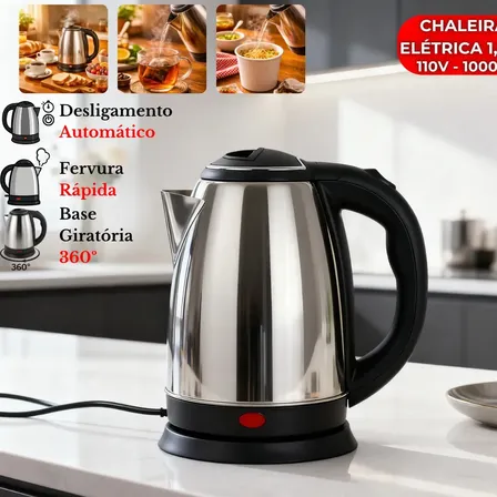 Chaleira Elétrica Inox 1.8l Com Tampa Jarra Bule Café Chá Desligamento Automático Ferve Água Rápido