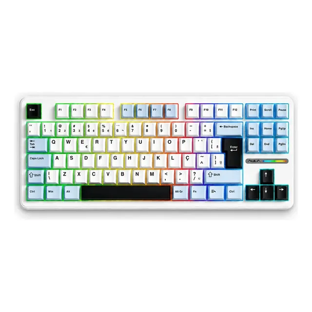 Teclado Mecânico Aula F87 Branco RGB Sem Fio Tri Mode Bluetooth 2.4GHz USB-C