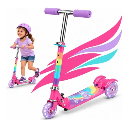 Patinete Infantil Menino Menina Dobravel 3 Rodas Com Luzes Led Com Ajuste Altura Kizumba Cor Rosa