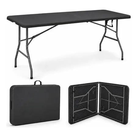 Mesa Dobrável Portátil Vira Maleta 1,80m Com Alça Reforçada Para 6 Pessoas Praia Camping Jardim Churrasco Salão de Festas Leve Fácil de Transportar Cor Preto Bogu Store