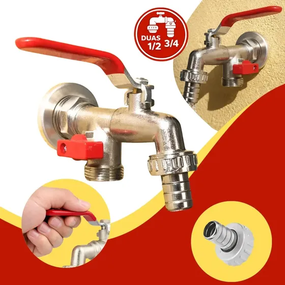 Torneira Esfera Jardim Dupla Saída 1/2 3/4 Tanque Maquina De Lavar Prateado Apegashop 02