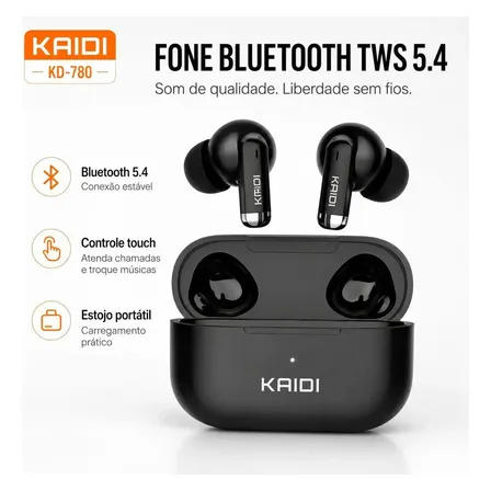 Fone Bluetooth 5.4 Sem Fio Tws Kaidi Kd780 Graves Potentes Preto