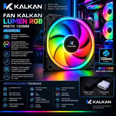 Ventoinha Kalkan Lumen RGB Preta de 120mm Com 1500 RPM