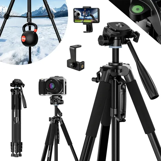 190cm Tripé Câmera Profissional Basike Para Câmera E Celular Cabeça 3 Vias 630° Panorâmico, Nível Bolha, Bolsa De Transporte,suporte De Celular Ideal Para Fotografia, Live, Vlog Preto