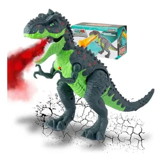 Dinossauro T-Rex de Brinquedo que Anda e Solta Fumaça com Luz e Som Realista Movimenta a Cabeça e Ruge Robô de Brinquedo Interativo Infantil Verde 33 cm Kizumba