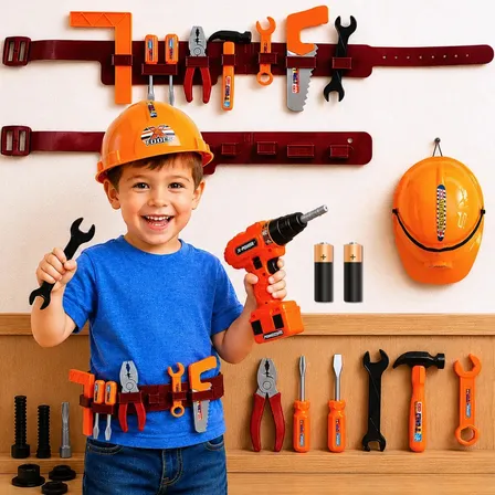 Kit Cinto De Ferramentas Infantil Parafusadeira Eletrica Capacete Brinquedo Educativo
