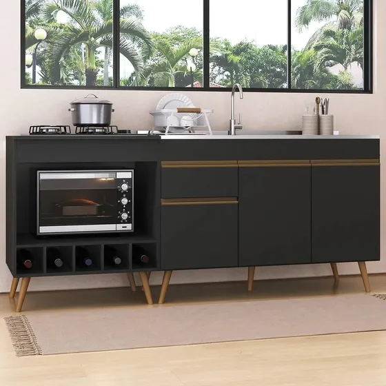 Kit Balcão de Cozinha para Pia e Balcão para Cooktop/Forno 190cm Veneza Multimóveis MP2384 Preto/Dourado