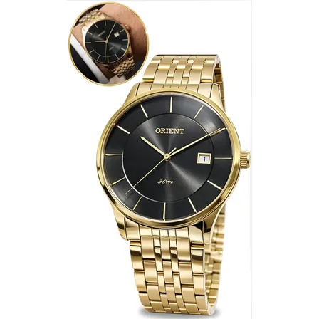 Relogio Orient Masculino Dourado Mostrador Preto Esportivo Elegante Resistente a água Mgss1127-g1kx Aço Inoxidável
