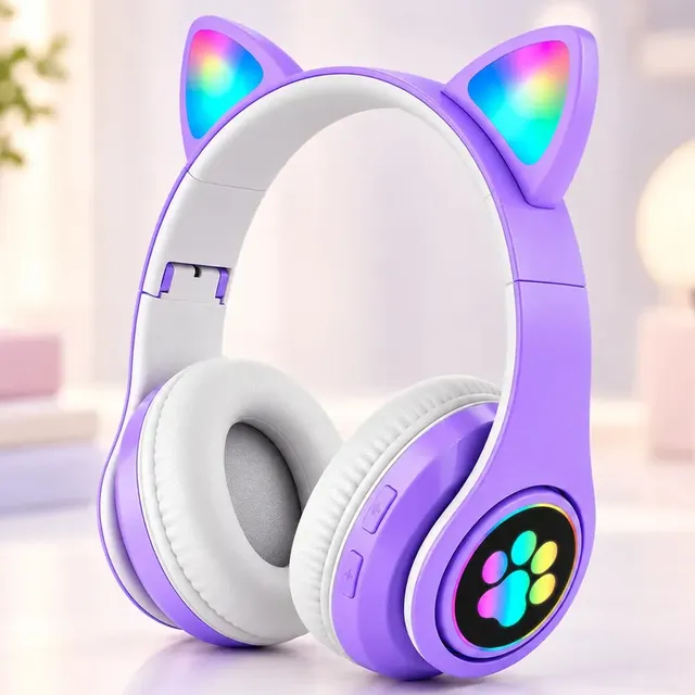 Fone De Ouvido Infantil Orelhas Gato Gatinho Bluetooth Sem Fio Roxo
