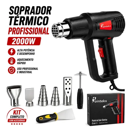 Soprador Térmico 2000w Profissional Pistola Ar Quente 2 Níveis 60 A 600°c Controle De Temperatura Com Bicos E Acessórios Preto 127v