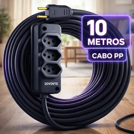 Extensão Elétrica 10 Metros Cabo Pp Reforçada Obra Profissional 10/20a Fio Grosso 2x2,5mm Tomada Tripla Cor Preto 20vinte 127/220v