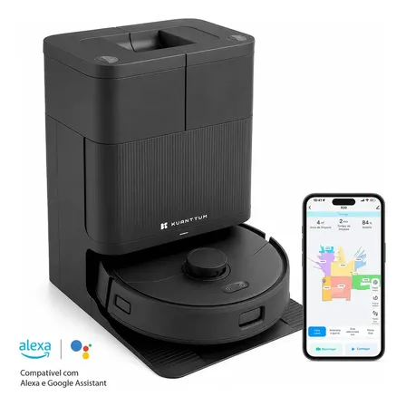 Robô Aspirador De Pó Inteligente Wi-Fi Kuanttum Mop Lava e Seca Água Quente Varre Aspira 3 em 1 Robot 20000Pa Autolimpante X20 Passa Pano Mapeamento Cor Preto Com Base Estação