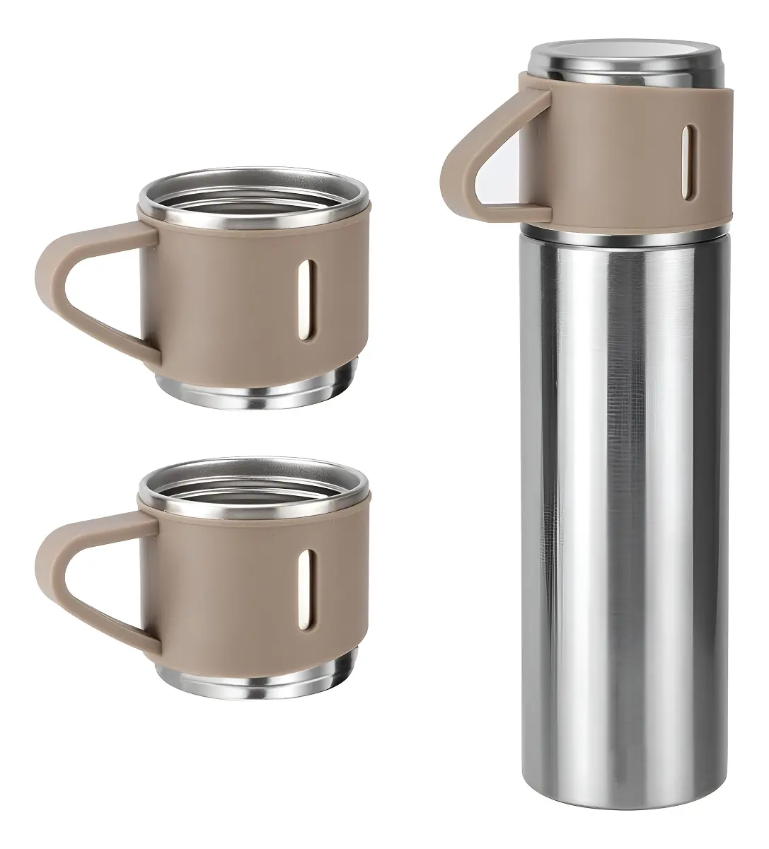 Kit Garrafa Térmica Inox Com 3 Xícaras Portátil Preto 500ml Prata
