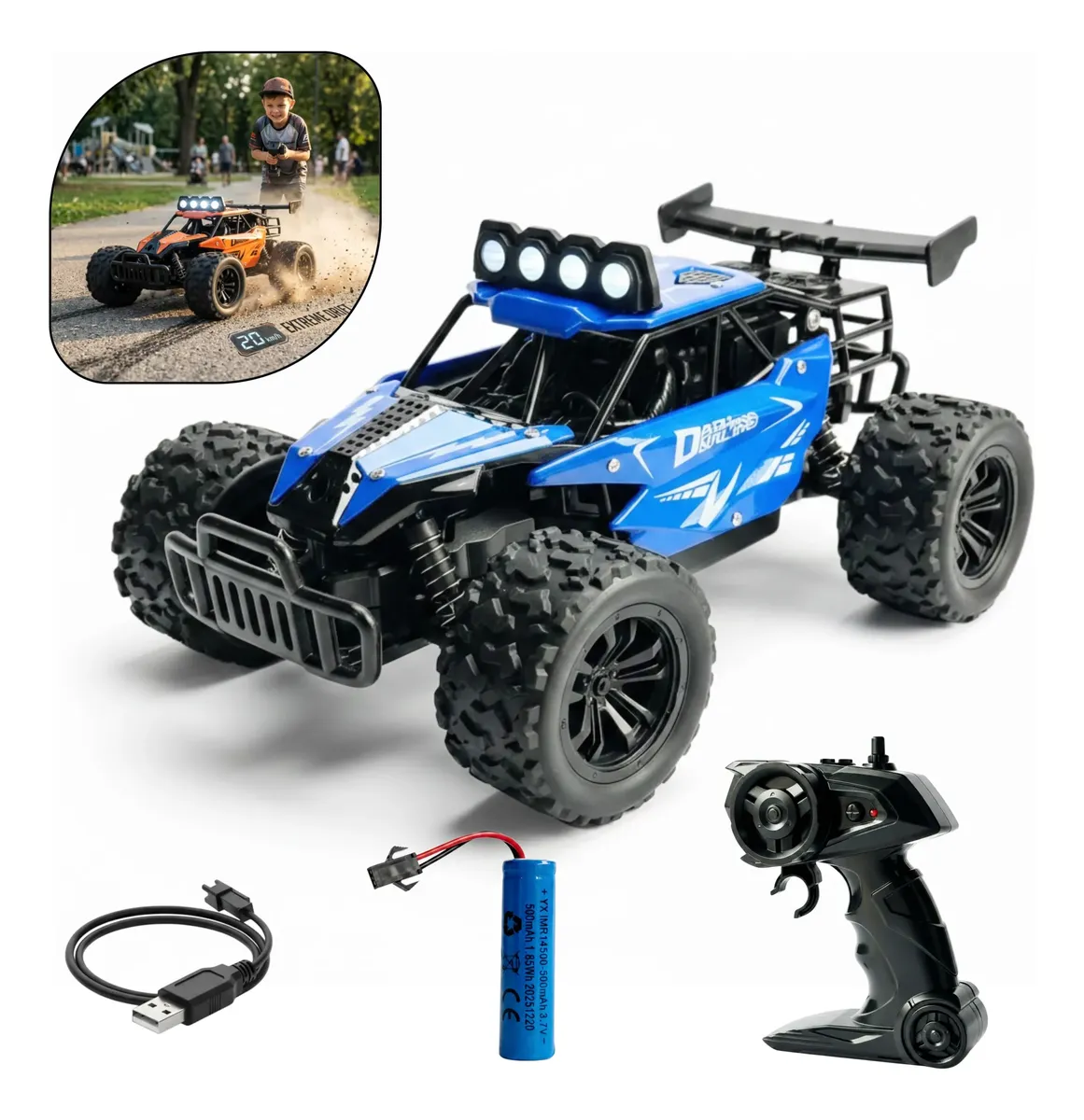 Carrinho Controle Remoto 4x4 Recarregável Off Road Brinquedo Azul