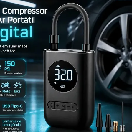 Compressor De Ar Digital Pneu Calibrador Portátil Para Carro Moto Bike Sem Fio Mini Bomba De Ar Elétrico Tela Digital Led Pneus Preto 127/220v