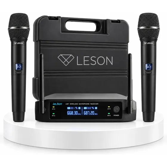 Microfone Sem Fio Duplo UHF Leson FX2200 2 Bastões Cardioides XLR P10 IR com Maleta para Igreja Culto Palco Show Evento Palestra Karaoke Entrevista Escola Auditório Cerimônia e Apresentações