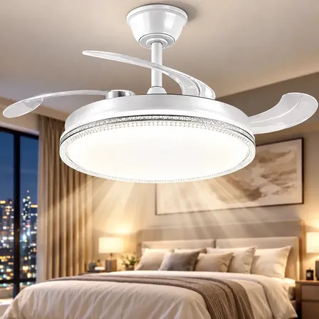 Ventilador de Teto Retrátil com Luz LED, 4 Pás Retráteis, Silencioso, Controle Remoto, 6 Velocidades, Motor DC, Bivolt, Luminária de Teto Moderna para Quarto, Sala, Escritório e Apartamento, Tieesa