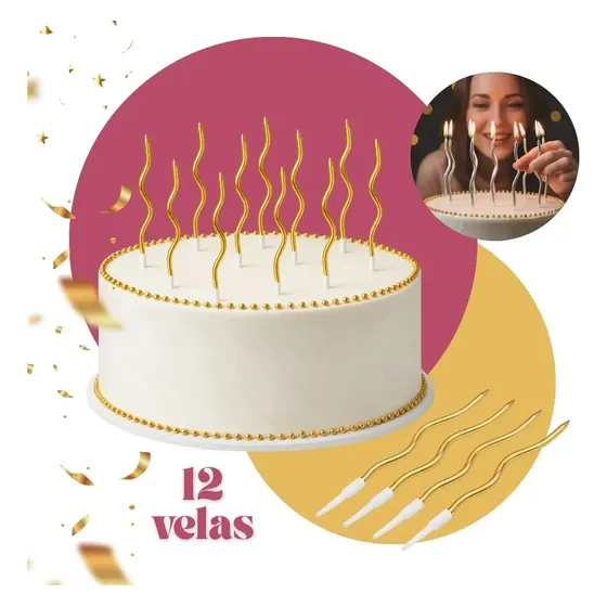 Kit 12 Vela De Aniversario Vela Espiral Palito Metalizada Bolo Ondulada Dourada TopLine Brasil