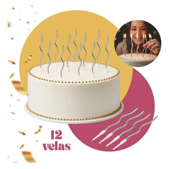 Kit 12 Vela De Aniversario Vela Espiral Palito Metalizada Bolo Ondulada Preteada TopLine Brasil